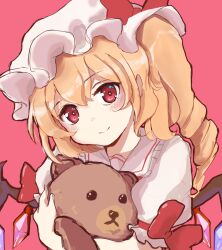 Rule 34 | 1girl, blonde hair, closed mouth, collared shirt, crystal, flandre scarlet, hair between eyes, hat, head tilt, holding, holding stuffed toy, light smile, long hair, looking at viewer, mob cap, multicolored wings, one side up, pink background, puffy short sleeves, puffy sleeves, red eyes, red ribbon, ribbon, shirt, short sleeves, simple background, sleeve bow, sleeve ribbon, solo, stuffed animal, stuffed toy, teddy bear, touhou, upper body, white hat, white shirt, wings, yuma (user zuft7485)