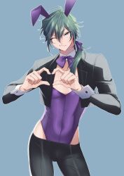 Rule 34 | 1boy, ;), absurdres, ahoge, animal ears, backlighting, black jacket, black pants, blue background, blue eyes, bow, bowtie, bulge, commentary request, contrapposto, cowboy shot, cropped jacket, crotch seam, detached collar, double-parted bangs, ensemble stars!, fake animal ears, green hair, hair between eyes, hair over shoulder, half-closed eye, hands up, heart, heart hands, highleg, highleg leotard, highres, jacket, leotard, leotard under clothes, long hair, long sleeves, looking at viewer, male focus, male playboy bunny, omiyacha, one eye closed, pants, pectoral cleavage, pectorals, ponytail, purple bow, purple bowtie, purple leotard, rabbit ears, shiina niki, shiny clothes, simple background, sleeve cuffs, smile, smirk, solo, standing, strapless, strapless leotard, taut clothes, taut pants