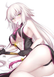 Rule 34 | 1girl, absurdres, ahoge, armpits, ass, bare legs, bare shoulders, black dress, black gloves, blush, breasts, center opening, china dress, chinese clothes, cleavage, cosplay, dress, earrings, fate/grand order, fate (series), folded fan, folding fan, gloves, gogatsu fukuin, hand fan, highres, jeanne d&#039;arc (fate), jeanne d&#039;arc alter (avenger) (fate), jeanne d&#039;arc alter (fate), jewelry, koyanskaya (chinese lostbelt outfit) (fate), koyanskaya (fate), koyanskaya (fate) (cosplay), large breasts, long hair, looking at viewer, lying, mouth hold, on side, ribbon, side slit, sideboob, silver hair, solo, thighs, tsurime, very long hair, yellow eyes