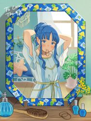Rule 34 | 1girl, absurdres, arms behind head, arms up, backlighting, blue eyes, blue hair, blush, bottle, bra strap, breasts, closed mouth, commentary request, commission, commissioner name, day, dress, floral print, flower, hair brush, hair bun, hair tie, hair tie in mouth, highres, indoors, long hair, looking at mirror, looking at viewer, mirror, mouth hold, nail polish bottle, original, parted bangs, perfume bottle, plant, potted plant, pov, second-party source, see-through silhouette, short sleeves, sidelocks, single hair bun, skeb commission, small breasts, solo, standing, sumika inagaki, tying hair, upper body, vase, white dress, wide sleeves, wooden floor, yellow flower
