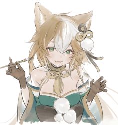 Rule 34 | 1girl, animal ears, black gloves, blush, breasts, cropped torso, dog ears, dog girl, fangs, genshin impact, gloves, hair between eyes, hair ornament, hina (genshin impact), holding, japanese clothes, light brown hair, long hair, looking at viewer, mare6ns, medium breasts, multicolored hair, paintbrush, parted lips, paw print, pom pom (clothes), simple background, skin fangs, solo, streaked hair, tassel, upper body, white background, white hair, wide sleeves