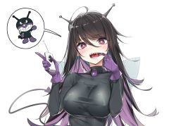 Rule 34 | 1girl, anpanman, antennae, bacteria, baikinman, black hair, blush, breasts, colored inner hair, controller, eyeshadow, finger in own mouth, gloves, hair between eyes, highres, large breasts, long hair, looking at viewer, makeup, mouth pull, multicolored hair, personification, purple eyeshadow, purple gloves, purple hair, remote control, saliva, sharp teeth, simple background, solo, taut bodysuit, teeth, two-tone hair, upper body, wet.elephant, white background