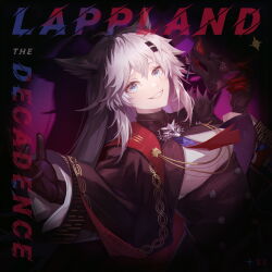 1girl :d absurdres animal_ears arknights black_gloves black_jacket blue_eyes bolo_tie character_name chinese_commentary commentary_request fox_mask gloves grin hair_ornament hairclip highres holding holding_mask jacket lappland_(arknights) lappland_the_decadenza_(arknights) long_hair long_sleeves looking_at_viewer mask mixed-language_commentary necktie open_mouth red_necktie ryuu32 scar scar_across_eye shirt smile solo spotlight unworn_mask upper_body white_hair white_shirt wolf_ears wolf_girl