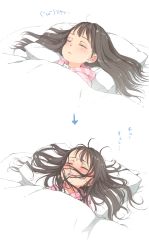 Rule 34 | 1girl, bed, black hair, blush, closed eyes, commentary, gomennasai, highres, long hair, lying, messy hair, on back, original, pillow, sleeping, solo, striped clothes, striped sweater, sweater, translated, truth, under covers, white background