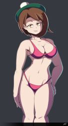 Rule 34 | 1girl, artist request, belly, beret, bikini, breasts, brown eyes, brown hair, cleavage, creatures (company), eyebrows, game freak, gloria (pokemon), hat, highres, matching hair/eyes, medium breasts, navel, nintendo, pokemon, pokemon swsh, short hair, simple background, smile, solo, standing, stomach, swimsuit, toned