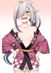 Rule 34 | 1girl, ahoge, asashimo (kancolle), blush, breasts, cowboy shot, grey eyes, hair over one eye, hand fan, hands on own hips, happi, japanese clothes, kantai collection, kumadano, long hair, looking at viewer, nipples, open clothes, open mouth, pink background, ponytail, sharp teeth, shorts, silver hair, small breasts, solo, standing, sweat, sweatdrop, teeth, white background, white shorts