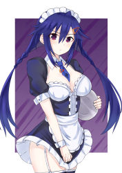 Rule 34 | 1girl, alternate costume, ankokuboshi kurome, apron, blue hair, braid, breasts, cleavage, commentary, detached collar, dress, dress tug, enmaided, frills, garter straps, hair ornament, hairclip, highres, holding, holding tray, long hair, looking at viewer, maid, maid apron, maid headdress, necktie, neptune (series), puffy short sleeves, puffy sleeves, purple eyes, shin jigen game neptune vii, short sleeves, solo, thighhighs, tray, twin braids, twintails, waist apron, white apron, wrist cuffs, zatsu, zettai ryouiki