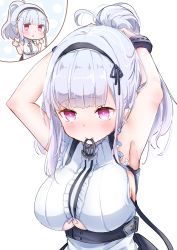 Rule 34 | 1girl, absurdres, alternate hairstyle, anchor choker, apron, armpits, arms up, azur lane, bare shoulders, black hairband, blunt bangs, blush, bracelet, breasts, center frills, clothing cutout, commentary, dido (azur lane), dress, frills, hair tie, hairband, highres, jewelry, lace-trimmed hairband, lace trim, large breasts, long hair, maid, maid apron, mouth hold, ponytail, purple eyes, sidelocks, silver hair, simple background, sleeveless, solo, standing, tying hair, uduki (nissi), underboob, underboob cutout, underbust, upper body, waist apron, white apron, white background