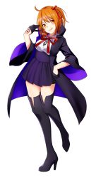 Rule 34 | 1girl, ahoge, bb (fate), bb (fate) (cosplay), bb (fate/extra), black cape, black footwear, black gloves, blue skirt, boots, brown eyes, brown hair, cape, cosplay, dress shirt, fate/grand order, fate (series), fujimaru ritsuka (female), full body, gloves, hair ribbon, half gloves, hand on own hip, head tilt, high heel boots, high heels, long sleeves, looking at viewer, miniskirt, neck ribbon, one side up, pleated skirt, red ribbon, ribbon, shirt, short hair, simple background, skirt, smile, solo, standing, thigh boots, thighhighs, tongue, tongue out, white background, white shirt, wide sleeves, yodare (3yami8), zettai ryouiki