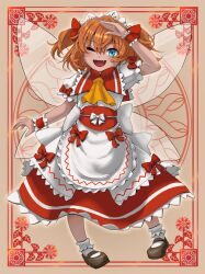 Rule 34 | 1girl, aoiueo12, apron, ascot, blue eyes, bobby socks, bow, brown footwear, dress, fairy, fairy wings, fang, frilled apron, frilled shirt collar, frilled skirt, frilled sleeves, frilled socks, frilled wristband, frills, full body, happy, headdress, highres, medium hair, obi, one eye closed, open mouth, orange hair, puffy short sleeves, puffy sleeves, red bow, red sash, red skirt, red wristband, sash, shirt, short sleeves, skirt, socks, solo, standing, sunny milk, touhou, two side up, white apron, white dress, white headwear, white shirt, wings, yellow ascot