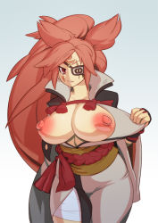 Rule 34 | 1girl, baiken, breasts, breasts out, guilty gear, guilty gear xrd, huge nipples, jacqli (jacqliart), large areolae, large breasts, long hair, parted lips, puffy nipples, red eyes, red hair, scar, solo, very long hair