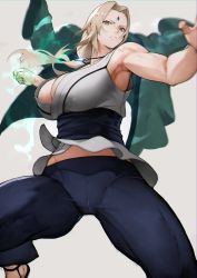 Rule 34 | 1girl, absurdres, armpits, bad id, bad twitter id, bare arms, bare shoulders, biceps, blonde hair, breasts, brown eyes, cleavage, closed mouth, collarbone, facial mark, forehead, forehead mark, highres, incoming attack, incoming punch, jewelry, large breasts, long hair, looking at viewer, midriff peek, muscular, muscular female, naruto, naruto (series), necklace, parted bangs, punching, revision, simple background, solo, tsunade (naruto), yoshio (55level)