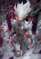 Rule 34 | 1boy, absurdres, armor, blonde hair, breastplate, closed mouth, colored sclera, earrings, falling leaves, fantasy, floating hair, fog, forest, gauntlets, greaves, highres, jewelry, leaf, long hair, male focus, nature, orange sclera, original, outdoors, painterly, pauldrons, platinum blonde hair, shoulder armor, skull, solo, tree, veins, white armor, white hair, ya lun, yellow eyes