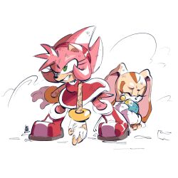 aioles amy_rose behind_another boots bracelet cheese_(sonic) child cream_the_rabbit destroyed_clothing dress gloves green_eyes hairband hedgehog hug injury jewelry kneeling legs medium_hair orange_fur pink_fur protecting protective rabbit sega smile sonic_(series) torn_clothes torn_gloves