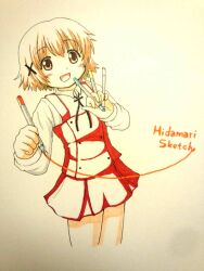 Rule 34 | 1girl, blush, brown eyes, brown hair, copyright name, dot nose, hair ornament, hidamari sketch, highres, holding, holding marker, legs, long sleeve shirt, long sleeves, marker, markers, open mouth, school uniform, sketch, solo, x hair ornament, yamabuki high school uniform, yuno (hidamari sketch), yunyan s