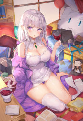 Rule 34 | 1girl, absurdres, alcohol, bare shoulders, barefoot, box, breasts, character doll, cleavage, cup, dress, drinking glass, elf, emilia (re:zero), gift, gift box, globe, highres, holding, holding cup, jacket, lanyingchengzhi, large breasts, long hair, long sleeves, looking at viewer, natsuki subaru, off shoulder, open clothes, open jacket, parted lips, pointy ears, puffy sleeves, purple eyes, purple jacket, re:zero kara hajimeru isekai seikatsu, short dress, sidelocks, silver hair, single thighhigh, sitting, skindentation, sleeveless, sleeveless dress, solo, stuffed toy, thigh gap, thighhighs, thighs, very long hair, white dress, white thighhighs, wine, wine glass