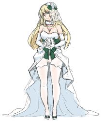 Rule 34 | 10s, 1girl, atago (kancolle), blonde hair, bouquet, breasts, dress, elbow gloves, female focus, flower, gloves, high heels, jewelry, kantai collection, large breasts, long hair, necklace, pantyhose, pendant, simple background, solo, tachibana roku, wedding dress, white dress, white gloves