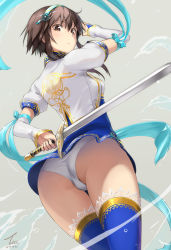 Rule 34 | 1girl, ass, blue thighhighs, blush, breasts, brown eyes, brown hair, chai xianghua, chinese clothes, closed mouth, dress, elbow gloves, from behind, gloves, headband, highres, legs together, looking at viewer, looking back, medium breasts, panties, pantyshot, short hair, simple background, skirt, solo, soul calibur, standing, sword, tea (nakenashi), thighhighs, underwear, upskirt, weapon, white gloves, white panties