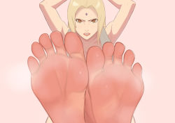 Rule 34 | 1girl, absurdres, angry, arms up, artist request, barefoot, blonde hair, brown eyes, clenched teeth, facial mark, feet, foot focus, forehead mark, highres, long hair, looking at viewer, naruto (series), soles, steam, teeth, toes, tsunade (naruto)