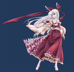 Rule 34 | 1girl, albino, alternate color, alternate hair color, barefoot, digital dissolve, feet, female focus, full body, hakurei reimu, imo (ryokyou), long hair, midriff, navel, outstretched hand, pale skin, red eyes, simple background, solo, standing, touhou, white hair