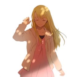 Rule 34 | 1girl, blonde hair, dappled sunlight, earrings, closed eyes, fullmetal alchemist, happy, jacket, jewelry, long hair, outstretched hand, pink shirt, riru, shirt, simple background, smile, solo focus, sunlight, white background, wind, wind lift, winry rockbell