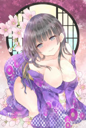 Rule 34 | 1girl, all fours, bare shoulders, barefoot, black hair, blunt bangs, blush, breasts, cherry blossoms, cleavage, collarbone, downblouse, floral background, floral print, green eyes, hanging breasts, head tilt, highres, japanese clothes, kimono, large breasts, leaning forward, long hair, long sleeves, looking at viewer, mimoto (aszxdfcv), off shoulder, original, round window, solo, wavy mouth, wide sleeves, window