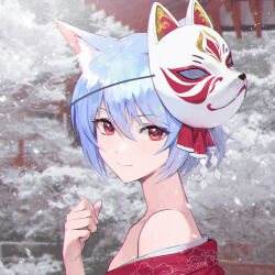 Rule 34 | 1girl, absurdres, animal ear fluff, animal ears, bare shoulders, blue hair, blurry, blurry background, close-up, closed mouth, fox ears, fox mask, hair between eyes, highres, japanese clothes, jongho bak, kimono, light blue hair, looking at viewer, mask, mask on head, off shoulder, original, outdoors, red eyes, red kimono, short hair, snowing, solo, tree, winter