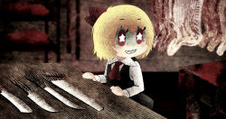 Rule 34 | 1girl, ascot, blonde hair, blood, blush, carte, collared shirt, food, hair ribbon, hand saw, knife, meat, red eyes, ribbon, rumia, sausage, saw, shirt, short hair, signature, smile, solo, star-shaped pupils, star (symbol), symbol-shaped pupils, table, teeth, touhou, vest