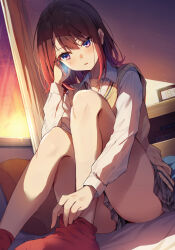 Rule 34 | 1girl, alarm clock, bcoca, bed sheet, bedroom, brown hair, cellphone, clock, collared shirt, commentary request, curtains, cushion, evening, grey skirt, highres, holding, holding phone, indoors, knees up, long sleeves, on bed, original, phone, pleated skirt, purple eyes, school uniform, shirt, sitting, skirt, sky, smartphone, socks, solo, sunset, sweater vest, thighs, vest, white shirt, window, yellow vest