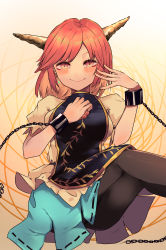 Rule 34 | 1girl, absurdres, ass, beige background, black pantyhose, blue skirt, blush, breasts, chain, closed mouth, cuffs, eyebrows hidden by hair, feet out of frame, floral print, gold trim, gradient background, hand on own chest, highres, horns, ibaraki douji&#039;s arm, ibaraki kasen, kurowa (curowa), large breasts, legs up, looking at viewer, medium breasts, oni horns, pantyhose, parted bangs, pink eyes, pink hair, puffy short sleeves, puffy sleeves, ribbon-trimmed skirt, ribbon trim, shackles, shirt, short hair, short sleeves, skirt, smile, solo, swept bangs, tabard, touhou, white shirt