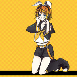 Rule 34 | 1girl, arms up, belt, blue eyes, checkered background, crying, crying with eyes open, detached sleeves, fingernails, hair ornament, hair ribbon, hairclip, headphones, irisssy, kagamine rin, kneeling, leg warmers, midriff, musical note, nail polish, orange hair, pale skin, ribbon, school uniform, short hair, shorts, smile, solo, tattoo, tears, vocaloid, yellow background