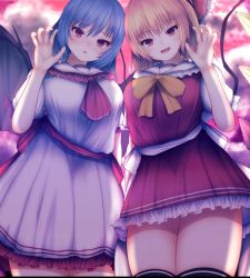 Rule 34 | 2girls, aged up, alternate breast size, bad id, bad pixiv id, bat wings, blonde hair, blush, bow, breasts, collared dress, crystal, darumoon, dress, flandre scarlet, frilled dress, frills, hair between eyes, hair bow, highres, looking at viewer, multiple girls, neck ribbon, open mouth, outdoors, purple hair, red bow, red dress, red eyes, red frills, red neckwear, red sash, remilia scarlet, ribbon, sash, short hair, short sleeves, smile, thighs, touhou, white dress, white frills, white sash, white sleeves, wings, yellow ribbon