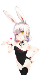Rule 34 | 1girl, animal ears, bad id, bad pixiv id, bare shoulders, black thighhighs, blowing kiss, breasts, cleavage, elsword, eve (elsword), fake animal ears, from above, hand on own hip, heart, highres, hip focus, leotard, parted lips, playboy bunny, rabbit ears, ribbon, silver hair, simple background, small breasts, solo, ssberit, thighhighs, white background, wrist ribbon, yellow eyes