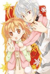Rule 34 | 1boy, 1girl, :d, accelerator (toaru majutsu no index), ahoge, brown eyes, brown hair, headphones, last order (toaru majutsu no index), mari (little crown), open mouth, red eyes, scarf, shared clothes, shared scarf, shirt, short hair, smile, t-shirt, toaru majutsu no index, white hair, winter clothes