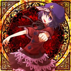 Rule 34 | 1girl, beret, chinese clothes, fang, female focus, hat, highres, miyako yoshika, momoiro, ofuda, open mouth, outstretched arms, purple eyes, purple hair, short hair, short sleeves, solo, standing, star (symbol), touhou, wide sleeves, zombie pose
