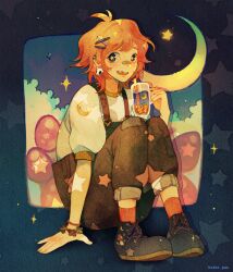 Rule 34 | 1girl, antenna hair, artist name, bandaid, bandaid on face, bandaid on nose, bead bracelet, beads, blue background, blue eyes, blue footwear, bow, bracelet, brown bow, brown overalls, bubble tea, buckle, cloud, commentary, crescent moon, crescent print, cross-laced footwear, cup, drinking straw, ear piercing, earrings, english commentary, eyelashes, flower bracelet, food print, footwear bow, full body, glass, hair ornament, hairclip, highres, holding, holding cup, hoshi-pan, jewelry, knees up, leaf print, looking at viewer, moon, mushroom, mushroom print, night, night sky, open mouth, orange hair, original, overalls, piercing, puffy short sleeves, puffy sleeves, red socks, shirt, shoes, short hair, short sleeves, sitting, skull earrings, sky, smile, sneakers, socks, solo, sparkle, star (sky), star (symbol), star in eye, starry background, symbol in eye, teeth, tooth gap, upper teeth only, white shirt, x hair ornament
