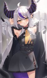 Rule 34 | 1girl, ahoge, armpits, arms up, ascot, asymmetrical hair, belt, black belt, black choker, black dress, black nails, blush, braid, breasts, chest strap, choker, coat, commentary, contrapposto, cowboy shot, demon horns, dress, expressionless, french braid, glint, grey hair, hair between eyes, highres, hololive, horns, la+ darknesss, long hair, looking at viewer, multicolored hair, multiple belts, nail polish, o-ring, open clothes, open coat, pantyhose, parted lips, purple hair, purple pantyhose, single braid, single leg pantyhose, small breasts, solo, standing, striped horns, taut clothes, taut dress, thomas 8000, two-tone hair, very long hair, virtual youtuber, white coat, wing collar, yellow ascot, yellow eyes