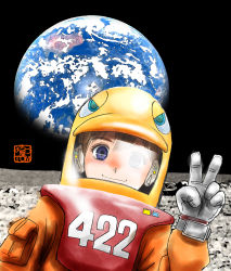 Rule 34 | 1girl, black sky, blue eyes, brown hair, chutohampa, earth (planet), looking at viewer, on moon, original, planet, sky, smile, solo, space, spacesuit, v