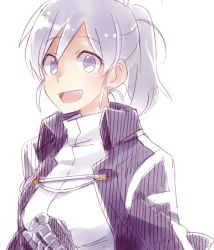 Rule 34 | 00s, 1girl, 6 (yuchae), breasts, gauntlets, jacket, looking at viewer, melty blood, open mouth, ponytail, purple eyes, riesbyfe stridberg, silver hair, smile, solo, tsukihime, turtleneck