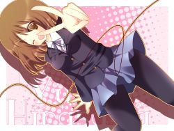Rule 34 | 1girl, bad id, bad pixiv id, black pantyhose, blazer, blush, brown eyes, brown hair, character name, female focus, hair ornament, hairpin, highres, hirasawa yui, jacket, k-on!, looking at viewer, one eye closed, open mouth, pantyhose, pleated skirt, school uniform, simple background, skirt, solo, stigma1101, uniform, v, wink