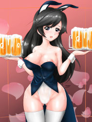 Rule 34 | 1girl, absurdres, ahoge, alcohol, alternate costume, animal ears, areola slip, bare shoulders, beer, beer mug, black eyes, black hair, blush, breasts, cameltoe, cleavage, coattails, commentary, covered navel, cowboy shot, cup, dated, fake animal ears, girls und panzer, gluteal fold, highleg, highleg leotard, highres, holding, holding tray, isuzu hana, large breasts, leotard, long hair, looking at viewer, mug, nandemo kanden, nipples, open mouth, petals, playboy bunny, rabbit ears, smile, solo, standing, strapless, swept bangs, thigh gap, thighhighs, tray, twitter username, white leotard, white thighhighs