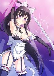 Rule 34 | 1girl, animal ears, apron, arm behind head, armpits, bare shoulders, black gloves, black hair, bow, breasts, cat ears, detached collar, elbow gloves, garter straps, gloves, hair bow, highres, katana, large breasts, light smile, long hair, looking at viewer, noihara himari, omamori himari, outstretched arm, ponytail, purple eyes, solo, sword, thighhighs, very long hair, waist apron, weapon, yokura (yukilina)