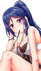 Rule 34 | 1girl, blue hair, blush, bracelet, breasts, cleavage, food, from side, hand up, head tilt, highres, jewelry, large breasts, long hair, looking at viewer, looking to the side, love live!, love live! sunshine!!, matsuura kanan, medium breasts, mouth hold, pocky, purple eyes, simple background, solo, white background, yopparai oni