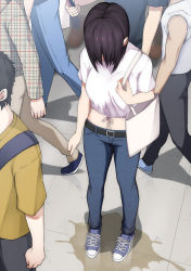 Rule 34 | 1girl, 5boys, bag, belt, black hair, black pants, black shirt, blue footwear, blue pants, breasts, brown pants, cellphone, clenched hand, cross-laced footwear, denim, from above, hair over eyes, hand up, head down, highres, holding, jeans, long sleeves, maanii, medium breasts, midriff, multiple boys, navel, original, outdoors, pants, pee, peeing, peeing self, phone, plaid, plaid shirt, puddle, shirt, shoes, short hair, short sleeves, sleeveless, sleeveless shirt, solo focus, tied shirt, unmoving pattern, wet, wet clothes, white shirt, yellow shirt