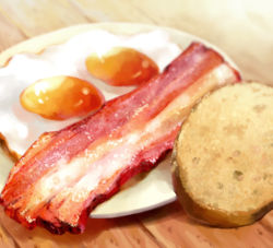 Rule 34 | :|, bacon, bread, breakfast, closed mouth, egg, egg (food), food, food focus, lpo!, lullepon, meat, no humans, original, plate, realistic, sunny side up egg