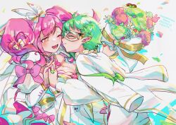 Rule 34 | 2girls, absurdres, bouquet, bow, breasts, bright pupils, brown eyes, character name, cleavage, dated, dress, flower, green flower, green hair, hair bow, hair ribbon, hairband, happy birthday, highres, holding, holding bouquet, holding hands, jacket, jacket on shoulders, juliet sleeves, large breasts, leaning back, leaning forward, long sleeves, m rgfn, macross, macross delta, makina nakajima, multiple girls, one eye closed, pink bow, pink flower, pointy ears, puffy sleeves, reina prowler, ribbon, short hair, smile, twintails, white bow, white dress, white hairband, white jacket, white pupils, white ribbon, yuri