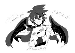 Rule 34 | 2021, 2boys, angel wings, armband, armlet, blush stickers, dark pit, dated, closed eyes, eyes visible through hair, greyscale, happy, highres, holding, kid icarus, kid icarus uprising, kirby, kirby (series), looking at viewer, monochrome, multiple boys, nintendo, open mouth, short hair, simple background, smile, trlr, twitter username, upper body, wings