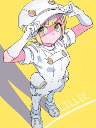 Rule 34 | 1girl, aether foundation uniform, blonde hair, cabbie hat, character name, creatures (company), game freak, gloves, green eyes, hands on headwear, hat, highres, holster, itou (very ito), lillie (pokemon), nintendo, pantyhose, pokemon, pokemon sm, shadow, solo, thigh holster, uniform, white gloves, white hat