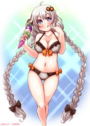 Rule 34 | 1girl, ahoge, artist name, bikini, black bow, blue eyes, blush, bow, braid, breasts, cleavage, collarbone, dated, food, food on face, gluteal fold, hair bow, hair ornament, highres, holding, holding food, ice cream, ice cream cone, kanon (kurogane knights), kizuna akari, large breasts, long hair, navel, solo, standing, swimsuit, thigh gap, too many, too many scoops, twin braids, voiceroid, white bikini, white hair