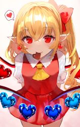 Rule 34 | 1girl, ascot, commentary request, crossed bangs, flandre scarlet, hair between eyes, heart, pointy ears, sakizaki saki-p, simple background, solo, spoken heart, touhou, valentine, white background, yellow ascot